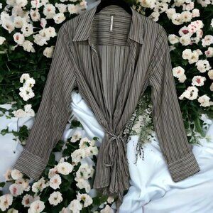 Free People Grey Blue and Black Striped Buttondown with Waist Tie Size S